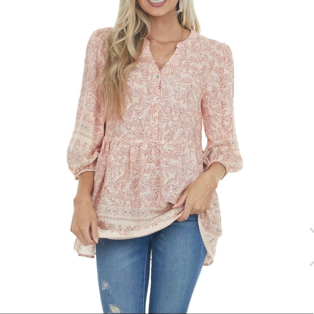 Peach flora bubble sleeve drop waist blouse